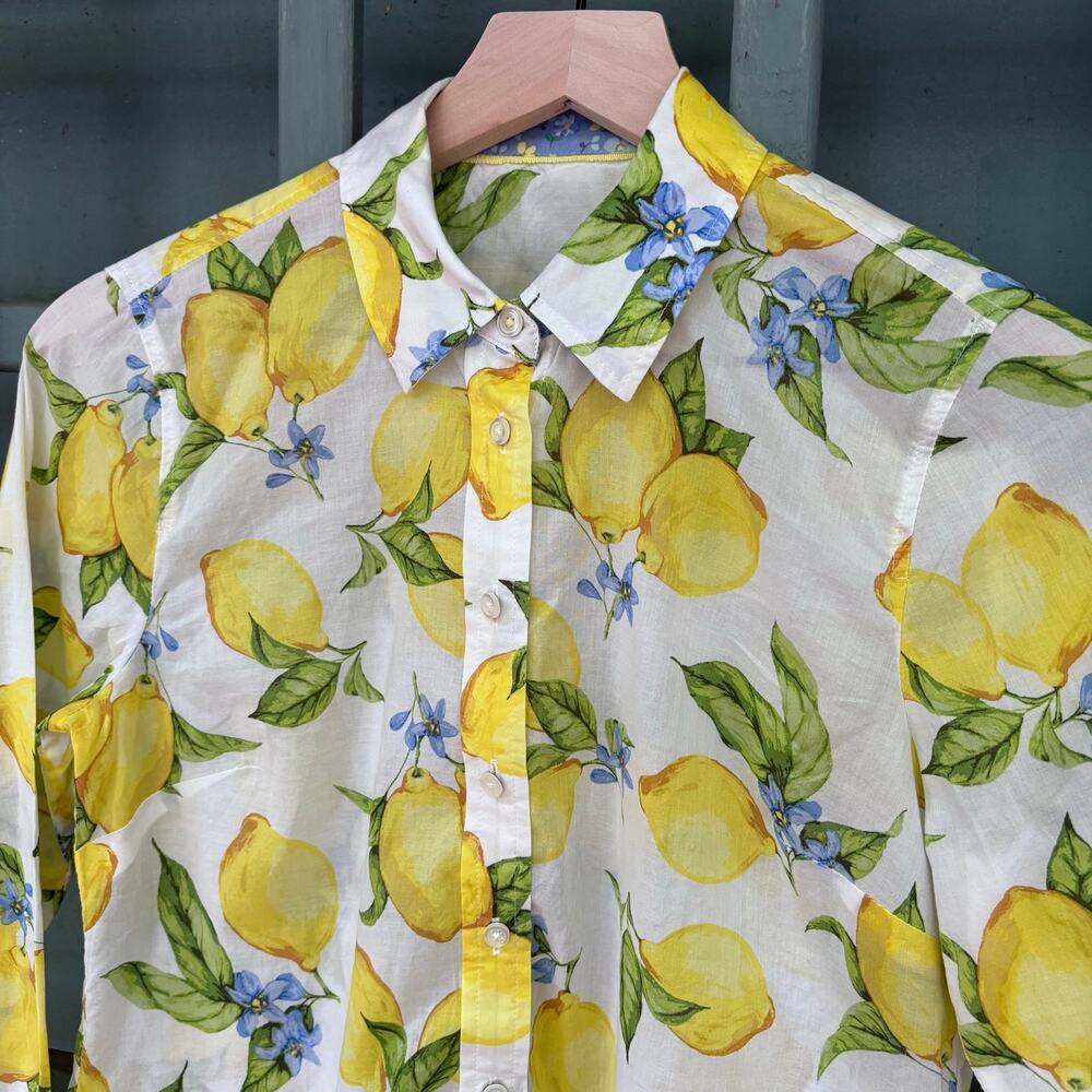 Talbots Cotton Lemon Blossom Print Blouse Sz SP Euro Summer Vacation Tomato Girl